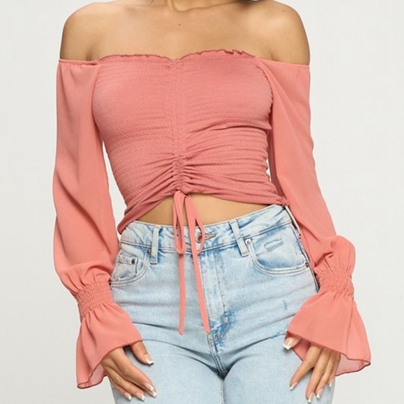Chocolate USA Drawstring Off-Shoulder Flounce Sleeve Cropped Top - Picture 1 of 3